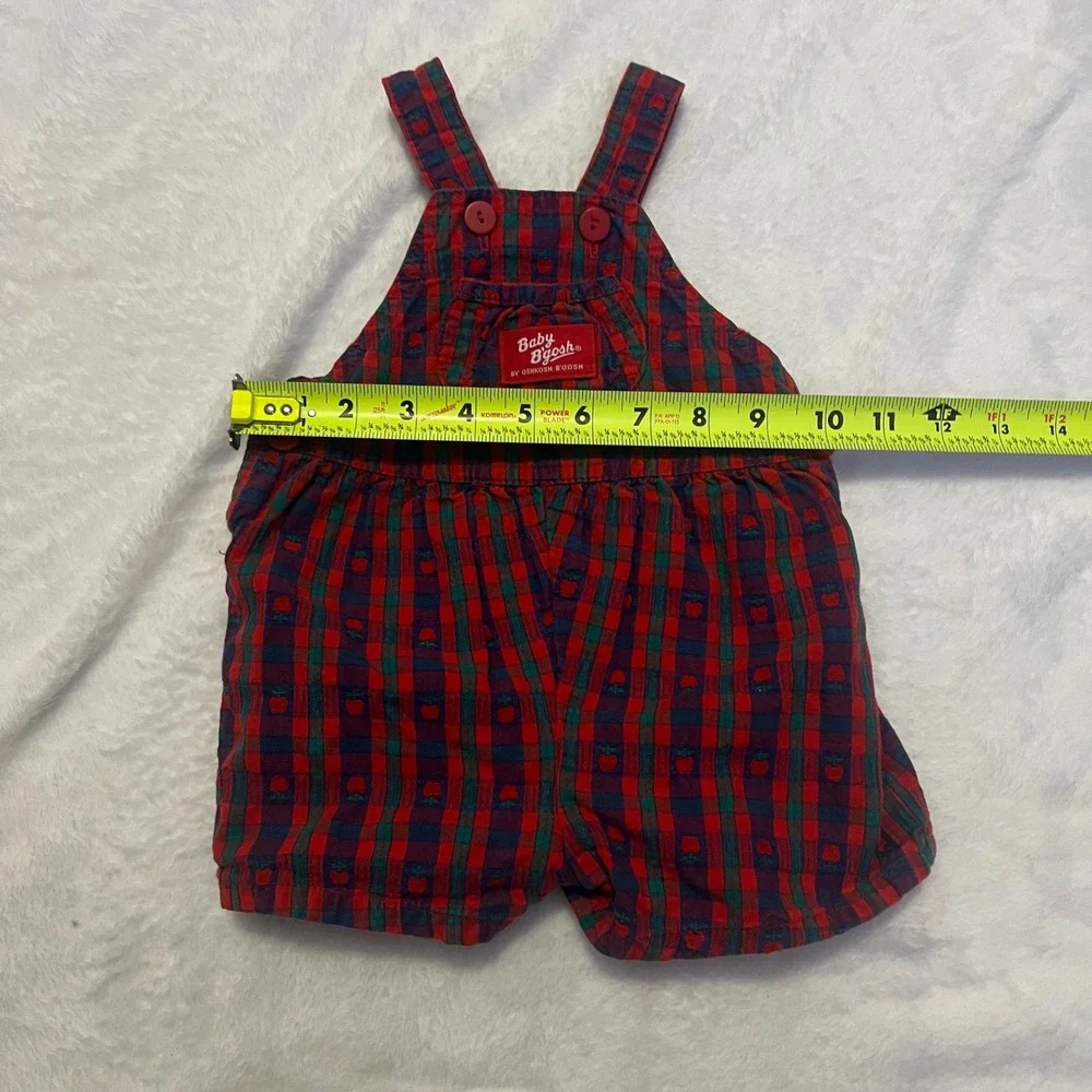 Vintage Baby OshKosh B'gosh Plaid Apple Vestbak Shortalls Red Blue 6-9M
